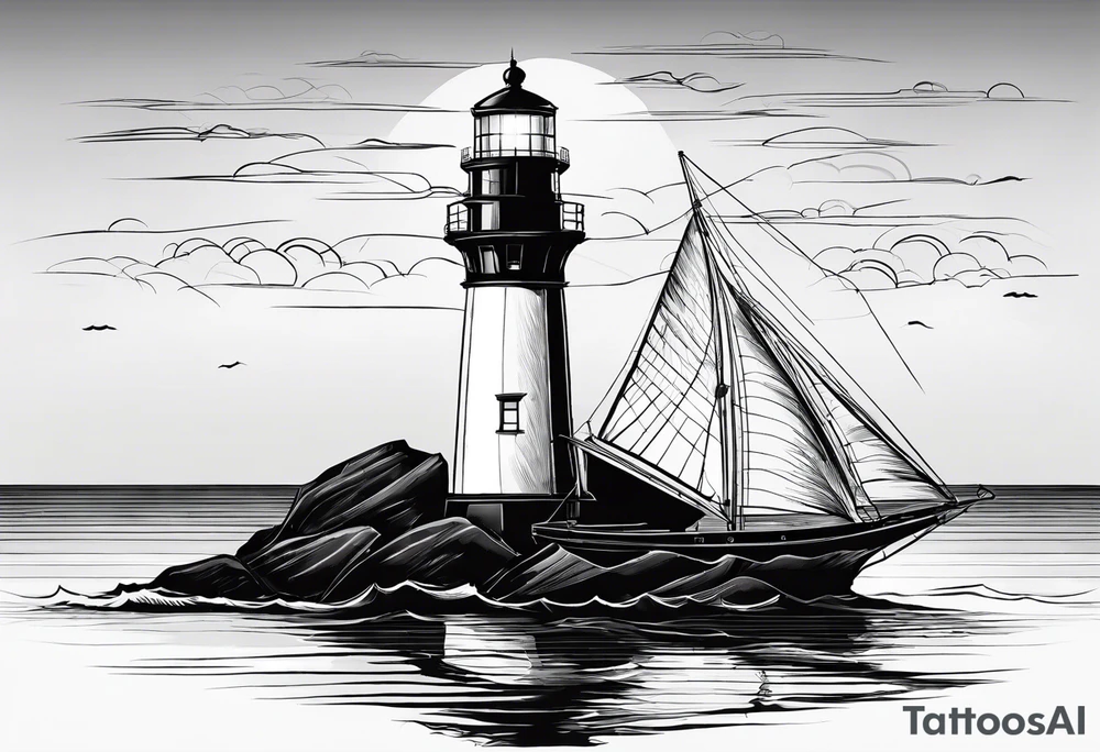 maritime lighthouse partially hidden by its large fixed sail. calm sea reflection. tattoo idea