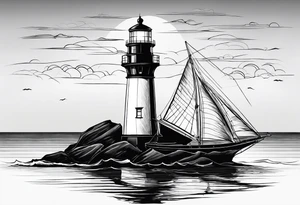 maritime lighthouse partially hidden by its large fixed sail. calm sea reflection. tattoo idea
