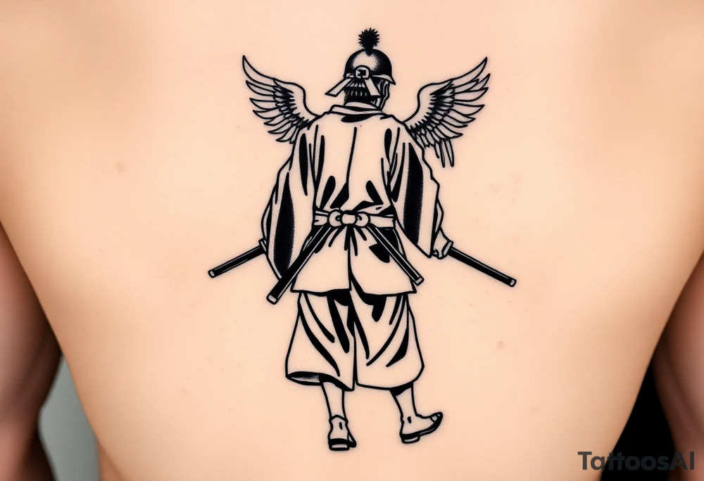 A blackwork tattoo depicting a samurai walking forward from behind. The samurai is dressed in a traditional kimono and hakama, holding two long katanas in a relaxed yet combat-ready stance. A small angel with detailed feathered wings is pushing him from behind. Strong contrast, dynamic ink splashes, sumi-e brushstrokes, a minimalist white background, dramatic lighting, an emotional and symbolic composition, and highly detailed linework. tattoo idea