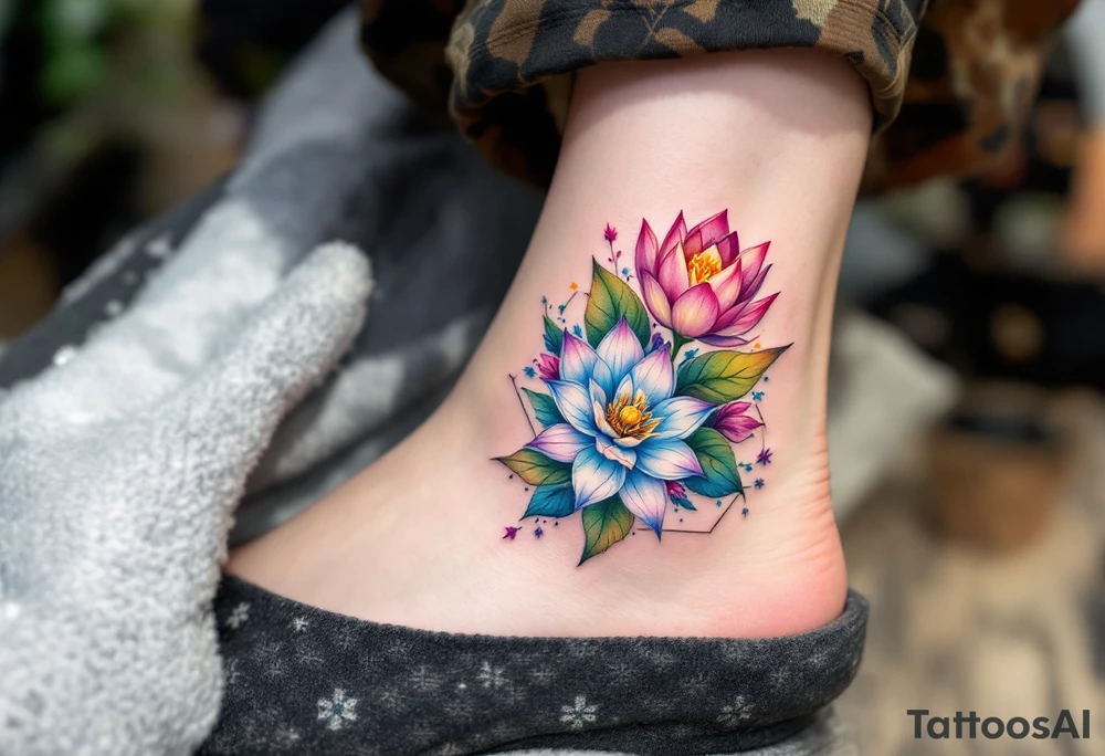 Leo sign, larkspur and water lily surrounded by a hexagon tattoo idea