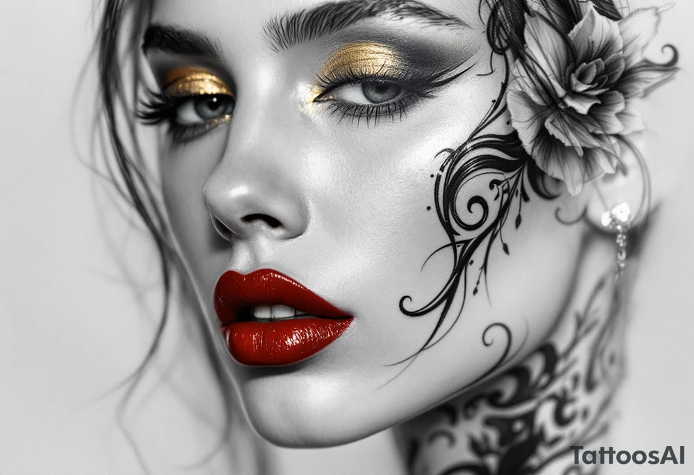 Realistic close-up of her face in grayscale with vivid red lips and golden eyeshadow. tattoo idea