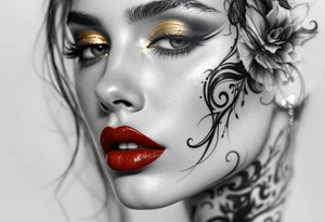 Realistic close-up of her face in grayscale with vivid red lips and golden eyeshadow. tattoo idea