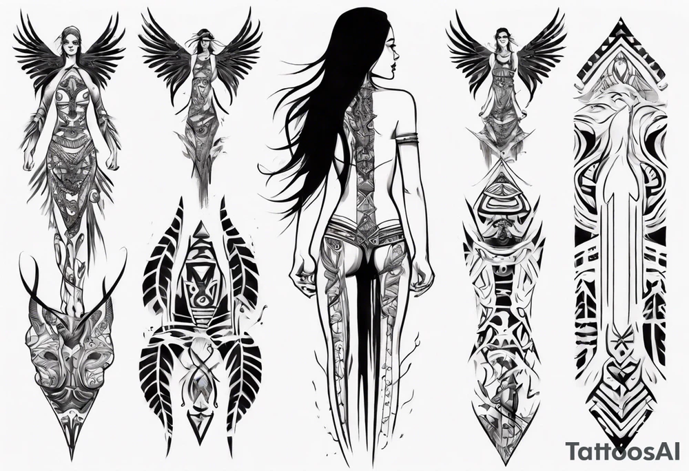 a neotribal spine tattoo that includes a woman floating tattoo idea