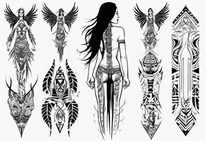 a neotribal spine tattoo that includes a woman floating tattoo idea