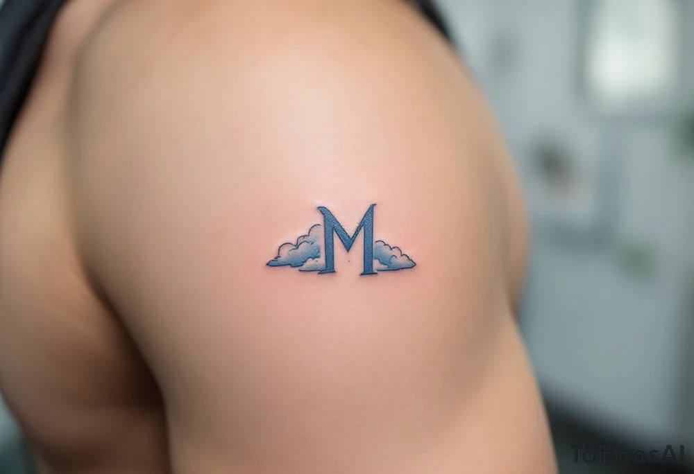 A soft "M" in sky blue with subtle cloud-like shading. tattoo idea