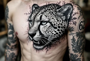 realistic cheetah covering the entire side chest with the number 62 tattoo idea