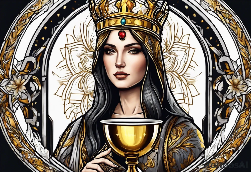 woman saint holding chalice surrounded by golden halo portrait tattoo idea
