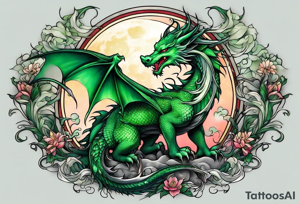 Moon fairy green dragon tattoo idea
