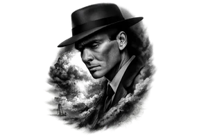 Create a high-end black-and-grey realism tattoo design featuring Cillian Murphy as J. Robert Oppenheimer from Christopher Nolan’s 2023 film Oppenheimer. His face must clearly resemble Cillian Murphy: sharp cheekbones, hollow cheeks, piercing light eyes, narrow face, intense haunted expression, wearing the dark 1940s suit and iconic wide-brimmed pork-pie hat from the film. Do NOT depict the historical J. Robert Oppenheimer or a generic 1940s scientist.

Show Cillian Murphy in dramatic three-quarter profile, looking slightly downward, with one side of his face illuminated by the Trinity nuclear explosion and the other disappearing into deep black shadow.

Behind and partially around him, show the Trinity test exploding over the New Mexico desert: an enormous white-hot fireball, rolling smoke, dust, and atmospheric shockwaves. The explosion should merge organically into his coat and silhouette instead of appearing as a separate mushroom cloud underneath him.

Incorporate subtle Manhattan Project imagery into the shadows: faint handwritten nuclear physics calculations, plutonium-core geometry, chain-reaction diagrams, Los Alamos technical sketches, and the distant silhouette of the Trinity test tower. These details should be secondary and partially hidden.

Make the entire piece dark, cinematic, ominous, sophisticated, and psychologically intense, inspired by the visual atmosphere of the 2023 Oppenheimer film. The tattoo should convey a brilliant man staring into the consequences of what he helped create.

Style: ultra-realistic black-and-grey tattoo, extremely accurate Cillian Murphy facial likeness, cinematic lighting, deep blacks, smooth greywash, fine-line details, realistic skin texture, strong contrast, controlled negative space, organic smoke transitions, no hard rectangular border, designed for an outer forearm or upper arm, vertical composition.

NO: historical Oppenheimer facial likeness, generic scientist, giant atom symbol around his head, atom halo, Einstein, cartoon imagery, symmetrical tattoo-flash layout, portrait sitting directly above a mushroom cloud, cheesy science icons, gears, clocks, skulls, roses, random text, gibberish equations, steampunk imagery, exaggerated fedora, smiling expression, superhero pose.



Keep this exact overall composition and cinematic black-and-grey realism. Remove the atomic orbit symbol entirely. Make the nuclear explosion more chaotic, realistic, and atmospheric, inspired by the Trinity test rather than a clean mushroom-cloud icon. Increase the portrait size slightly and blend the smoke naturally into the coat, jawline, and background. Keep the distant Trinity tower. Reduce the equations to extremely faint, authentic-looking handwritten physics notation partially hidden in the shadows. Make the portrait the dominant focal point and the explosion secondary. Preserve strong negative space and tattoo-friendly edges. tattoo idea