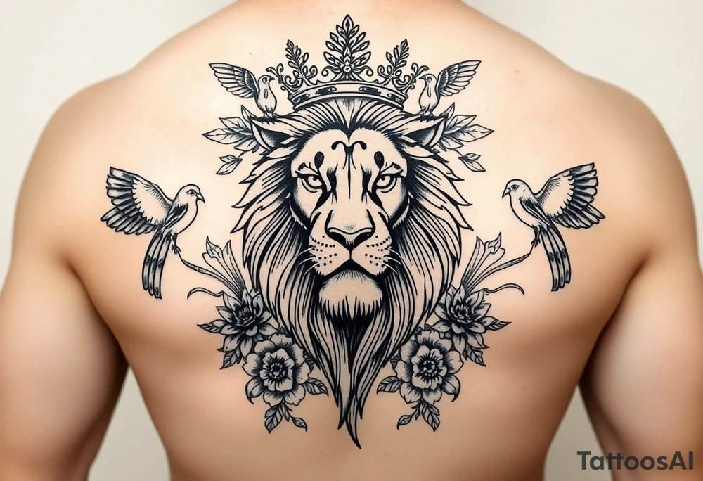 powerful majestic lion with a crown, surrounded by floral ornaments and birds tattoo idea