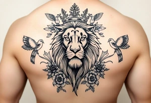 powerful majestic lion with a crown, surrounded by floral ornaments and birds tattoo idea