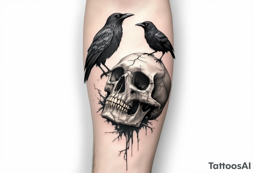 Crow and Skull – A detailed black crow standing atop a cracked human skull. Hyper-realistic style in grayscale with hints of ochre and sepia around the bones. tattoo idea