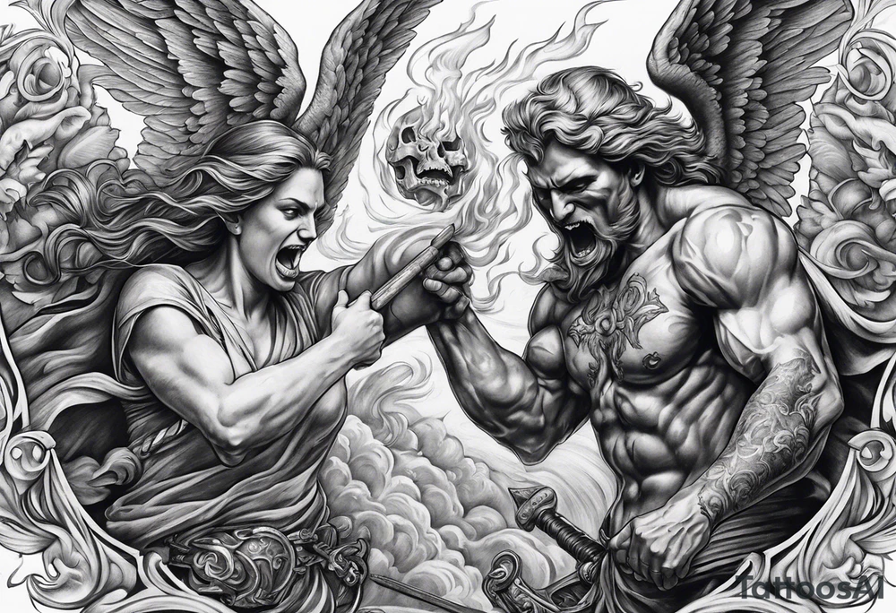 Angels fighting demons over fire with skulls in the background tattoo idea