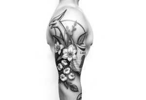 Create an arm tattoo from elbow to shoulder that includes the pokemon charizard, 1 lily of the valley with 3 daffodils, a tiger, and a basketball jersey with the number 0. tattoo idea