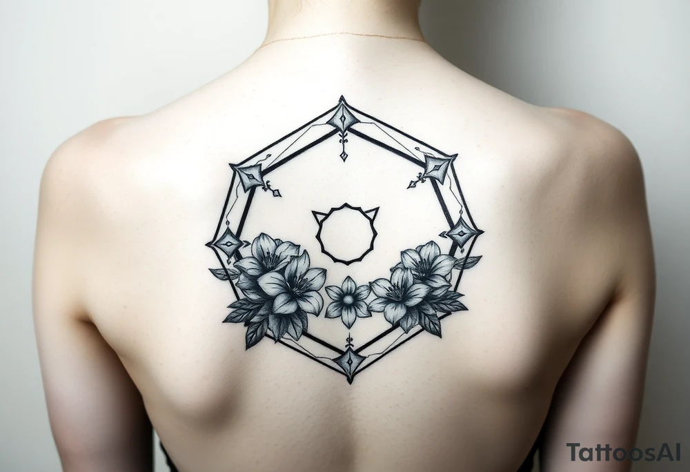 Hexagon with a constellation sign for Leo, larkspur and water lilies in the center tattoo idea