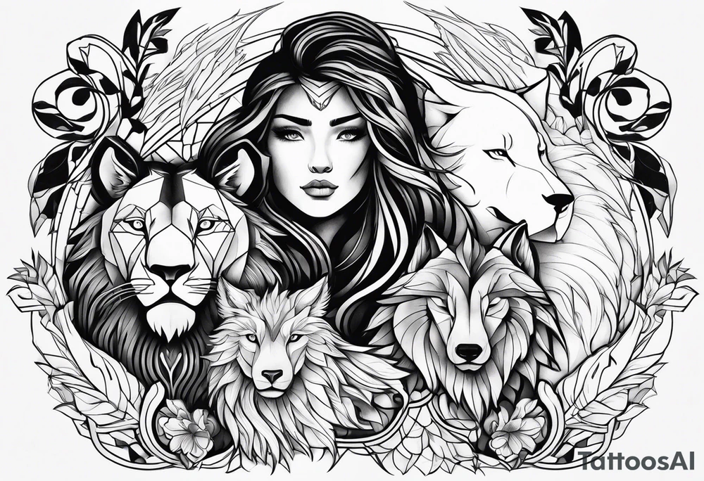 Lion,wolf,lady and phoenix tattoo idea