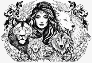 Lion,wolf,lady and phoenix tattoo idea