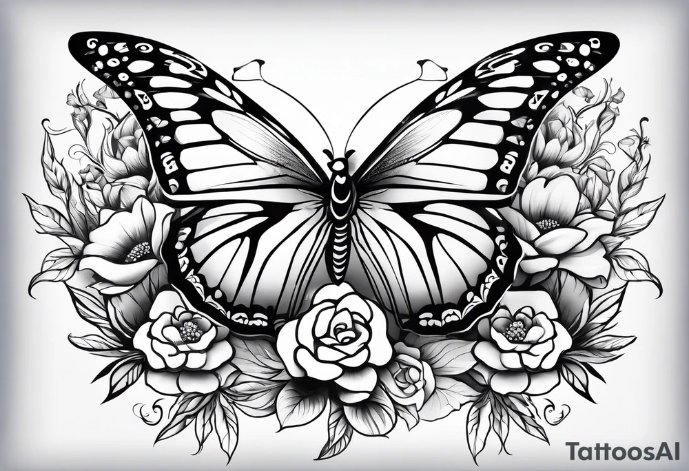 Flowers butterfly blue bird tattoo idea