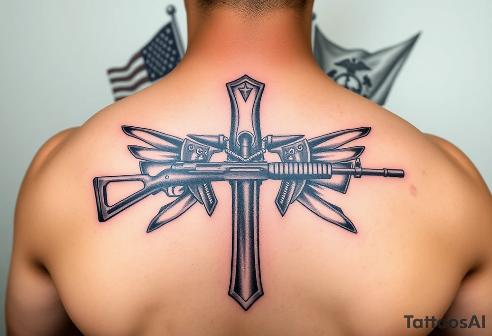 realistic Battlefield Memorial Cross Rifle, with Navy and marine corps flags in the background tattoo idea