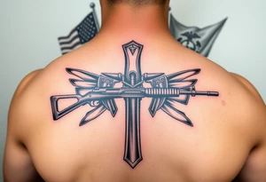 realistic Battlefield Memorial Cross Rifle, with Navy and marine corps flags in the background tattoo idea