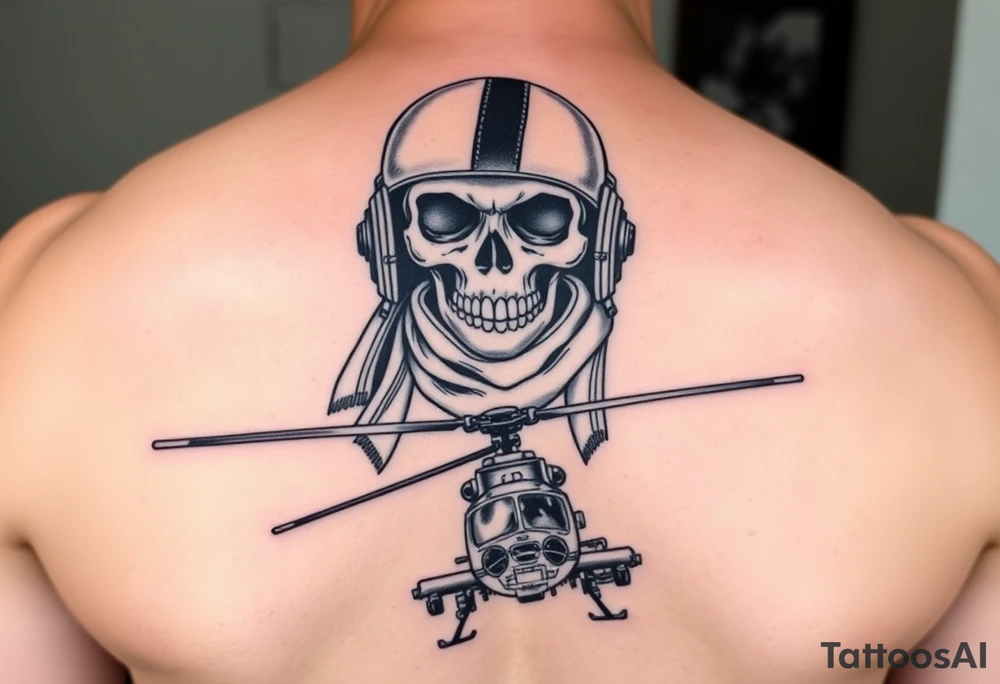 Skull in flying helmet and scarf over a puma helicopter and a wessex helicopter tattoo idea