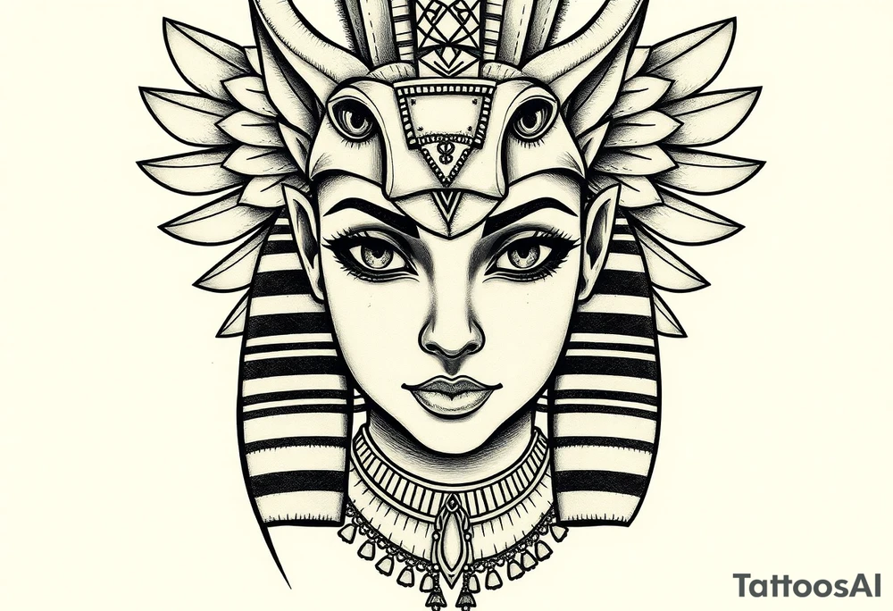 Tatuagem egípcia feminina detalhada, representando o deus egipicio Horus na sua representação animal de falcão segundo a mitologica egipicio, com adornos e simbolos tradicionais egípicios, a figura está em posição frontal, com detalhes hieroglíficos sutis ao redor, integrados harmonicamente. Fundo minimalista, inspirado em papiro antigo, com tons terrosos suaves. Estilo artístico com traços finos, sombra leve para destacar volume, ideal para a parte frontal da canela, transmitindo elegância e misticismo. tattoo idea