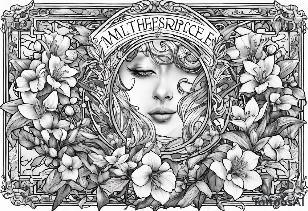 The words, "All the Things. Everywhere." Surrounded by vines and Lilly of the Valley and Larkspur flowers tattoo idea