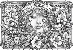 The words, "All the Things. Everywhere." Surrounded by vines and Lilly of the Valley and Larkspur flowers tattoo idea