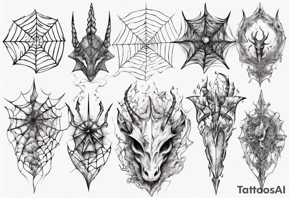 Dragon scales tangled spiderweb unicorn horn shattered chalices spider tattoo idea