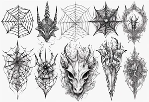 Dragon scales tangled spiderweb unicorn horn shattered chalices spider tattoo idea