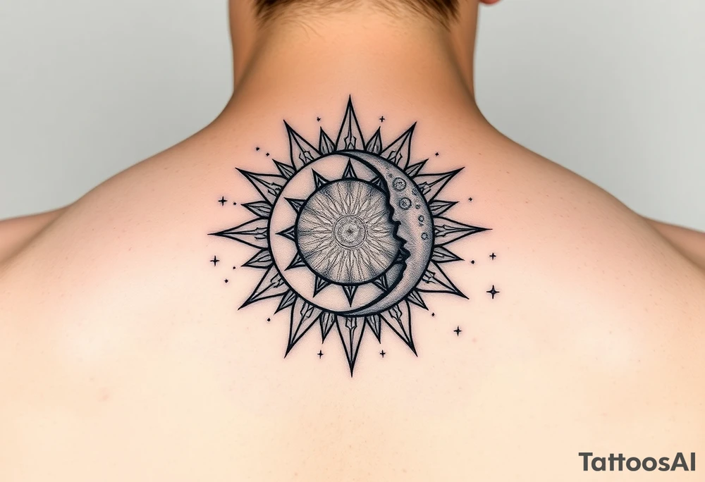 celestial sun and moon embrace with constellation patterns tattoo idea