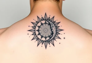 celestial sun and moon embrace with constellation patterns tattoo idea