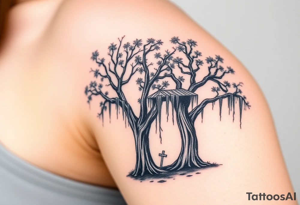 2 Oak trees with Spanish moss in a cemetery tattoo idea