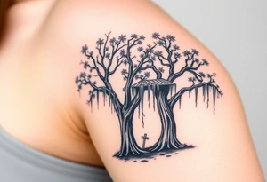 2 Oak trees with Spanish moss in a cemetery tattoo idea