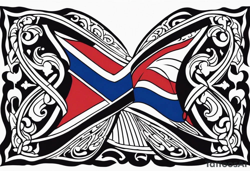create a haitian flag theme tattoo that goes over a black mans left chest. Have it embody christian faith, salsa dancing, real estate, stoicism, and public speaking tattoo idea