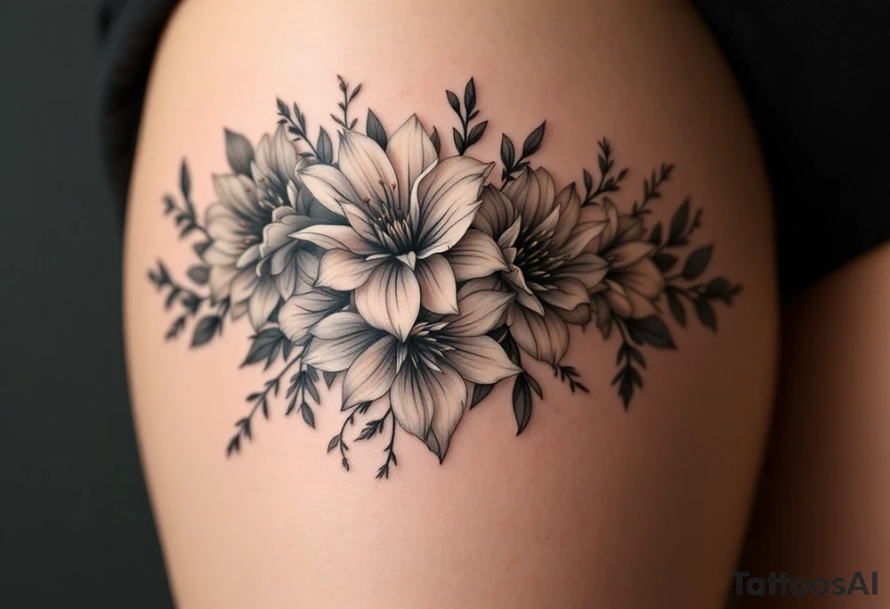 A row of birth flowers with the son’s portrait in the center, highlighted in full color, while others are shaded in black. tattoo idea