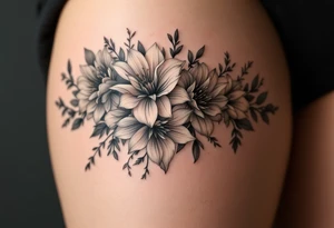 A row of birth flowers with the son’s portrait in the center, highlighted in full color, while others are shaded in black. tattoo idea