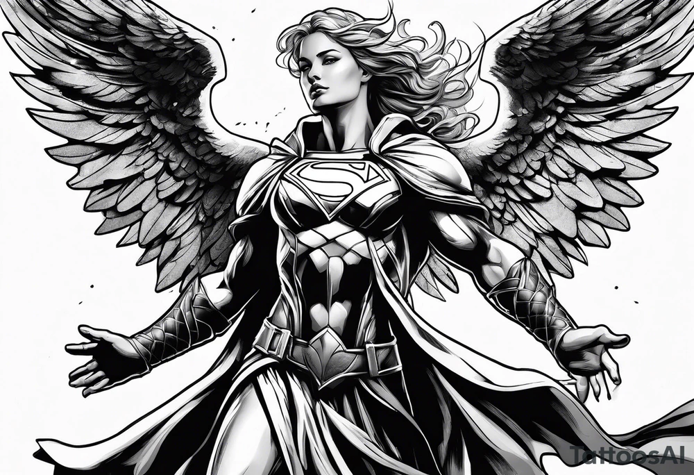 Angel in the pose of a superhero landing tattoo idea