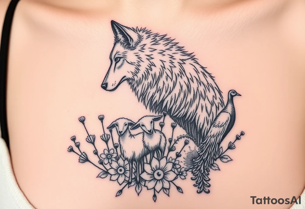 Wolf in sheep's clothing prowling around flower weeds with lambs and goats and peacocks tattoo idea