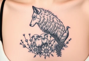 Wolf in sheep's clothing prowling around flower weeds with lambs and goats and peacocks tattoo idea