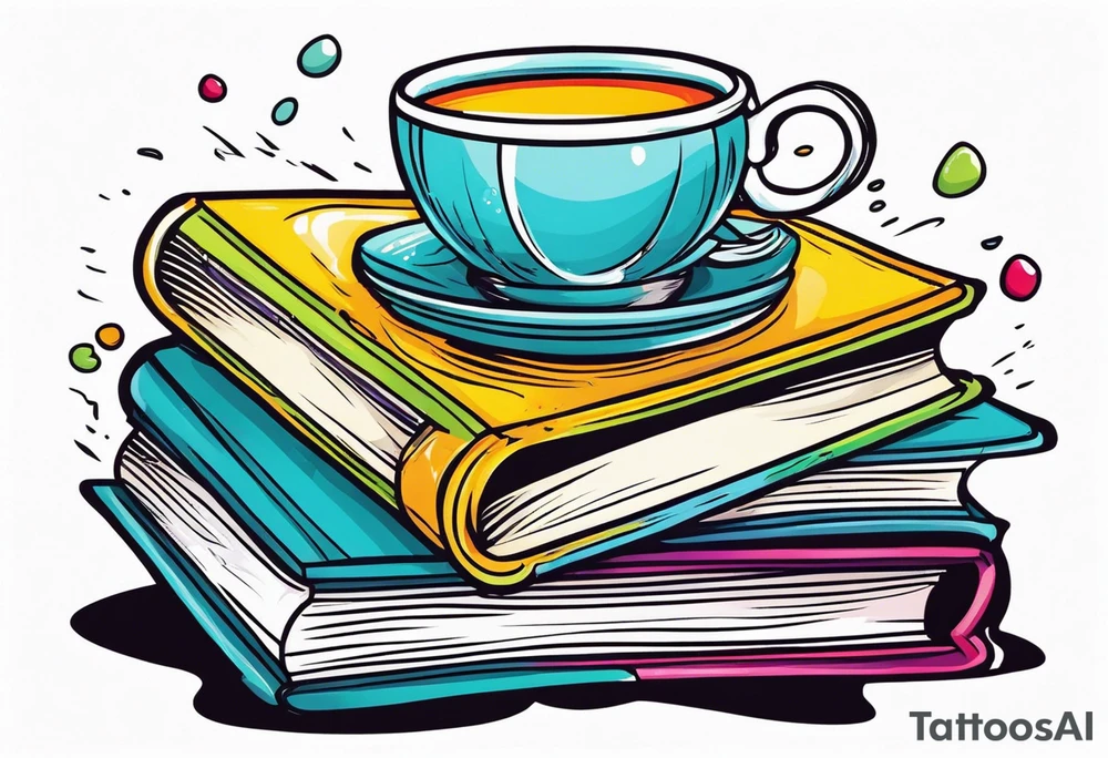 Stack of 3 books with a tea cup and saucer on top tattoo idea