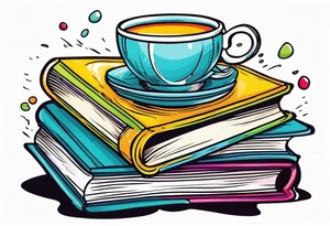 Stack of 3 books with a tea cup and saucer on top tattoo idea