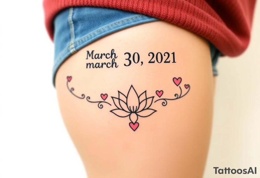 I want a tattoo for my upper thigh, that includes the date, march 30 2021, mom and daughter love that was born at 4:18 am and that includes hearts and the lotus flower and that represents the infinity love of a mother to her baby girl tattoo idea