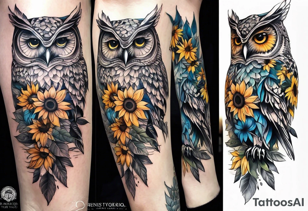 Leg sleeve with colorful sunflowers and an owl tattoo idea