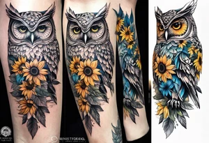 Leg sleeve with colorful sunflowers and an owl tattoo idea