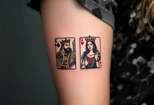 Two playing card symbols—King of Spades and Queen of Hearts—done in black, red, and subtle shading. tattoo idea