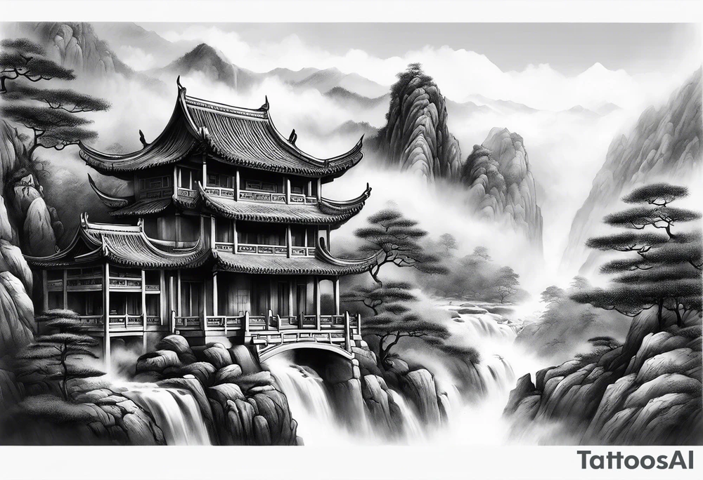 forearm sleeve traditional chinese art painting Chinese temple two old men wearing robes and drinking tea mountains mist fog waterfall tattoo idea