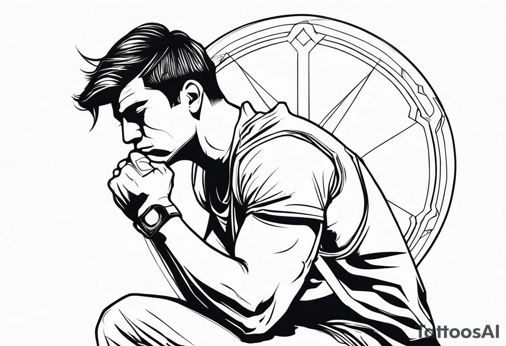 side view of crouched man holding shield tattoo idea