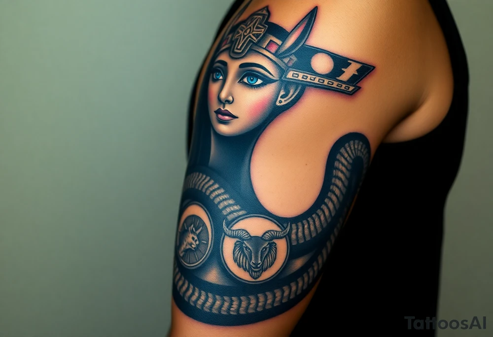 A DSLR photo of a full upper arm tattoo on a man's right arm, from neck to below the elbow. The tattoo shows the Egyptian goddess Renenutet with a serene and powerful female face, shaded with lifelike detail. Her eyes are vivid blue with white highlights. She wears a war crown (Mut or Isis style, with horns and a solar disk), and an ankh on the forehead. Her hair blends into a cobra hood that transitions into the serpent’s body wrapping around the entire arm. The cobra’s scales are deeply shaded black with white edge accents and subtle blue highlights on the back. The body coils protectively around the forearm, encircling three symbols: twin faces (Gemini), a lion’s head in relief (Leo), and a Capricorn with a horned goat and fish tail, each embedded in the snake’s body or stylized medallions. The tattoo glows slightly with white ink accents, giving it a vibrant, almost living presence. Photographed in soft studio lighting to highlight texture and shading, with visible skin grain and depth of ink. tattoo idea