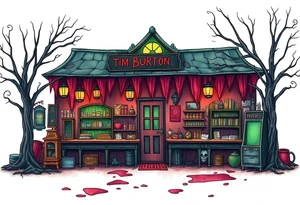 Tim Burton’s hobby shop from outside viewis abandoned and dripping with muted reds, dusty pinks, and eerie green glow. tattoo idea tattoo idea